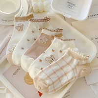 Chaussettes courtes d'été pour femmes, motif ours mignon, bordure dentelle, fines, absorbantes, à carreaux – Vente en gros disponible