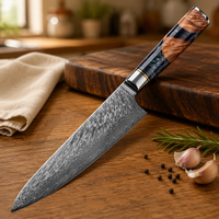 Couteau de cuisine à lame fixe Damas à manche large et incurvé de 8 pouces en résine bleue et bois de burl pour la préparation quotidienne des repas