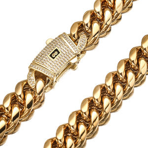 Collier Chaîne Maille Cubaine Monaco en Acier Inoxydable Plaqué Or 18K avec Fermoir CZ Sertis de <span class=keywords><strong>6</strong></span>-14mm, Bijou Hip Hop Tendance et Très Vendu - Product Image 4