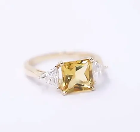 3.0ct 14K oro giallo massiccio tre anello di pietra naturale giallo Morganite bianco Moissanite principessa taglio triangolo taglio anello di pietre preziose