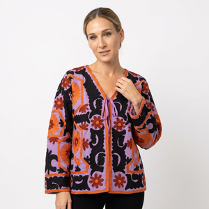 Chaqueta de Algodón para Mujer, Estilo Invernal, Cuello en V, Manga Larga, con Volantes Delanteros, Bordado Floral Suzani, Tejido Transpirable - Product Image 1