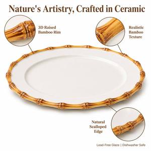 Service de table 16 pièces <span class=keywords><strong>en</strong></span> porcelaine New Bone China avec rebord <span class=keywords><strong>en</strong></span> <span class=keywords><strong>bambou</strong></span> 3D <span class=keywords><strong>en</strong></span> relief, texture réaliste, <span class=keywords><strong>assiettes</strong></span>, bols et tasses pour repas asiatiques - Product Image 2