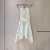 Robe vintage pour femme en coton, coupe trapèze, drapée, longueur genou, unie, col montant, avec cordon de serrage, sans manches