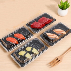 Black Rectangular <strong>Disposable</strong> Plastic Food Sushi Sashimi Snack <strong>Dessert</strong> Sandwich Bread <strong>Tray</strong> with Clear Lid - Product Image 1