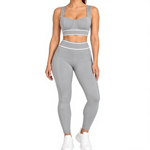 Ensemble de vêtements de sport gris 2 pièces pour femmes, soutien-gorge de sport, leggings taille haute, tenue de yoga et de fitness - Product Image 3