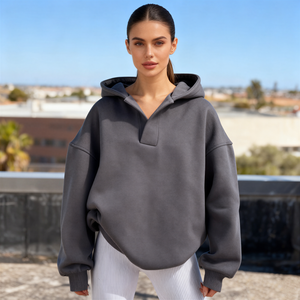 TKAN385 OEM al por mayor Otoño Invierno StreetWear sudadera de moda de gran tamaño personalizado Casual mujeres cuello en V sólido pulóver Sudadera con capucha - Product Image 1