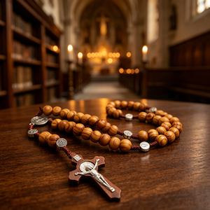 Collier religieux catholique en bois avec perles et croix plaquée argent, en alliage ABS/Zinc, mini perles phosphorescentes, vente en gros, pièce maîtresse - Product Image 1