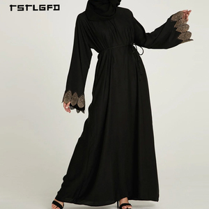 Women Black Chiffon Abaya Rhinestone Gold Floral Lace Applique Flared <b>Bell</b> Sleeve Self-Tie Waist Modest Luxury Evening Dress - Product Image 2