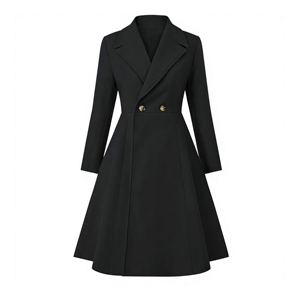 Manteau-robe noir croisé sur mesure pour femme, col à revers cranté, couture princesse, coupe évasée, longueur midi, pour l'hiver, OEM ODM - Product Image 1