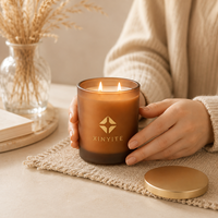 Pot à bougie en verre givré ambre, 3 tailles, avec couvercle en métal doré, récipient à bougie vide, logo personnalisé