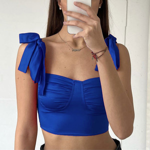 Women Summer New Arrivals <strong>Red</strong> Pleated Elegant Lace up Bow Tank <strong>Tops</strong> Ladies Slim Off Shoulder Cute <strong>Crop</strong> <strong>Top</strong> - Product Image 5