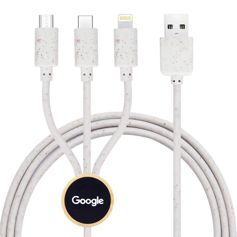 Kabel data ponsel 3-in-1 sedotan, kabel pengisian daya USB bambu transparan ponsel jerami gandum a drag3