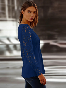 Top in <span class=keywords><strong>Pizzo</strong></span> da Donna <span class=keywords><strong>Blu</strong></span> Navy con Maniche Lunghe, Scollo a V e Stampa Floreale, Traspirante in Stile Vintage - Product Image 2