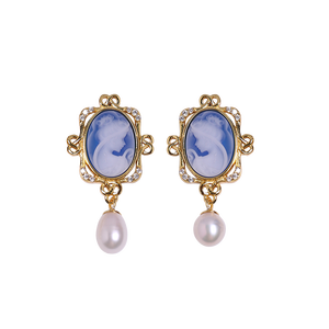 Non ternir bijoux 18k plaqué or hypoallergénique S925 argent dame Portrait <span class=keywords><strong>Agate</strong></span> <span class=keywords><strong>camée</strong></span> Baroque perle boucles d'oreilles pour les femmes - Product Image 1