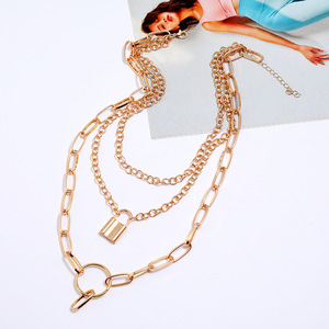 Geometric Multi Layer <b>Necklace</b> <b>Set</b> <b>Silver</b> Zinc Alloy Lock Pendant Fashion Jewelry - Product Image 2