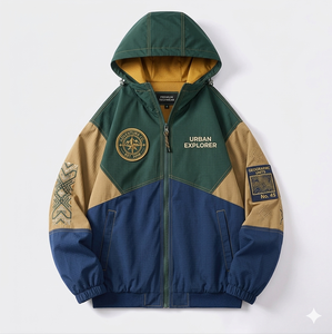 Chaqueta Cortavientos Urbana Retro de los 90 Personalizada, Chaqueta Bomber de Hip Hop con Bloques de Color y Parches Bordados - Product Image 2