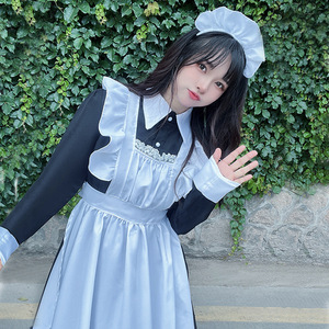 Vestido Largo Estilo Lolita Anime, Negro y Blanco, Estilo Clásico, Cuello Peter Pan, Cintura Natural, Vestido Casual para Uso Diario - Product Image 4