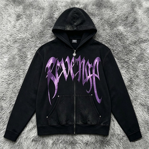 Sweat à capuche zippé noir <span class=keywords><strong>d</strong></span>élavé style vintage, imprimé Purple Revenge gothique, streetwear oversize Y2K pour hommes et femmes - Product Image 1