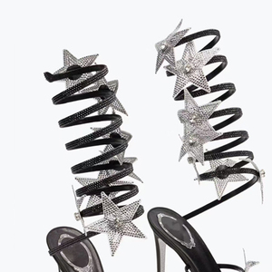 Sandales à talons hauts pour femme, style habillé, à lanières croisées longues à la cheville, ornées d'étoiles brillantes, sexy, grande taille 46, coupe large, talon aiguille - Product Image 5