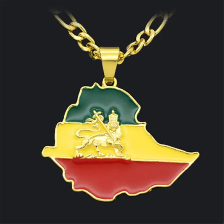 Ruigang 18K Gold Plated Enamel FlagとLion Three Colors Ethiopia Map Pendant Necklace