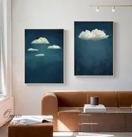 Peinture à l'huile sur toile texturée faite à la main, motif nuage blanc moderne avec paysage bleu ciel élégant, décoration murale pour salon