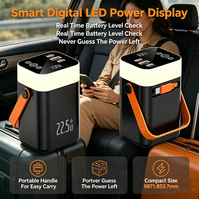 22.5W Fast Charge Power Bank With Retractable Type C Cable LED Camping Light Digital Display 9 Safety Protection Portable