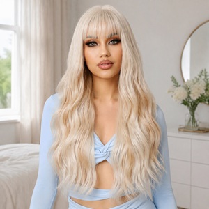 Perruque synthétique longue ondulée blonde avec frange, aspect <span class=keywords><strong>naturel</strong></span>, résistante à la chaleur, pour femme, usage quotidien, fête, cosplay, peut être permanentée - Product Image 2