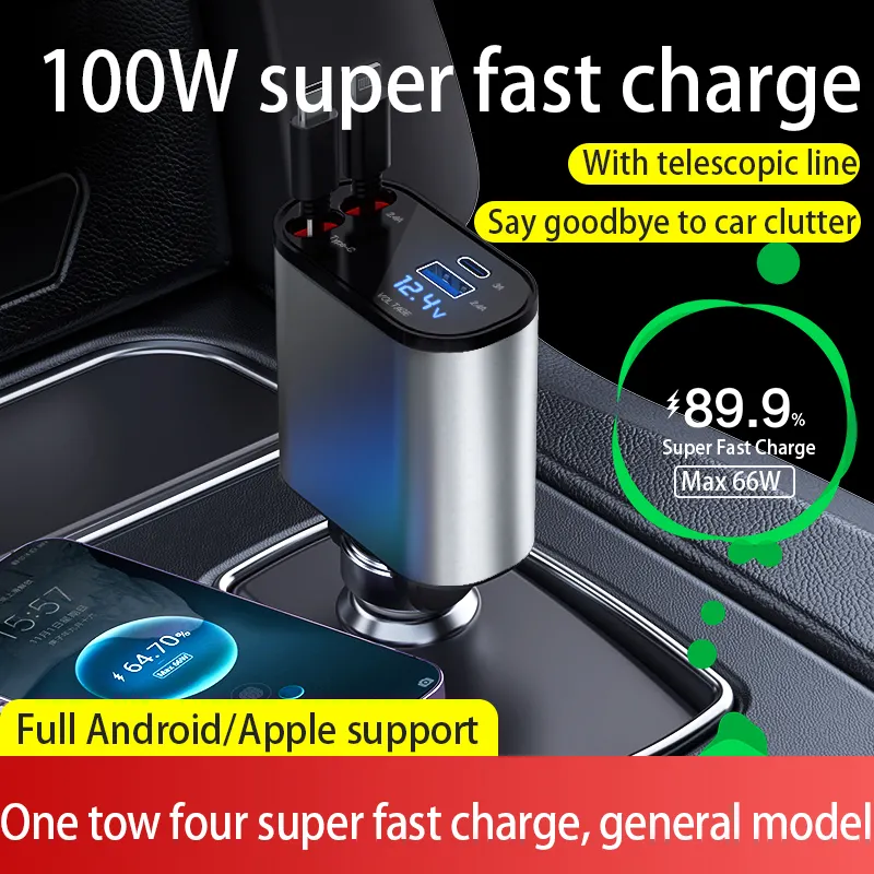 100 Вт смарт-автомобильное зарядное устройство светодиодный цифровой дисплей PD USB с 4 в 1 супер быстрая weldots Выдвижная Зарядка для телефона