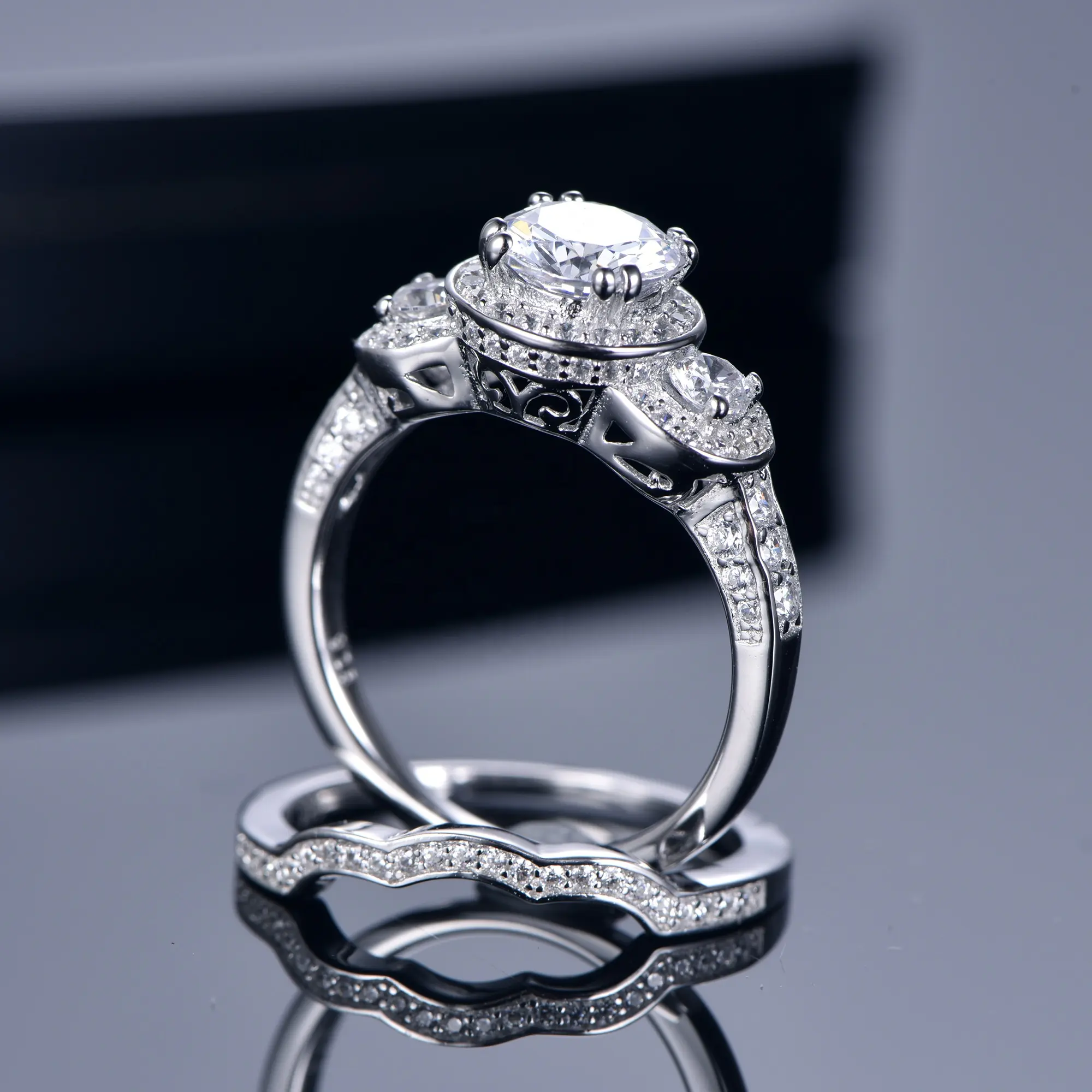 Conjunto de anel de prata 925 personalizado, conjunto de anel de prata esterlina 925 feminino