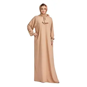 Mulheres Vintage Islâmico Liso Muçulmano Cor Sólida Manga Longa Comprimento Do Pavimento Com Capuz Cachecol Abaya Vestido