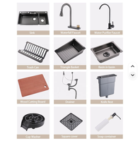 Évier de cuisine intelligent multifonction à double bac en acier inoxydable 304, cascade, noir, moderne, de luxe, à prix d'usine