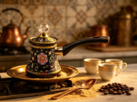 Cafetière turque Cezve en émail floral vintage noir avec couvercle, poignée résistante à la chaleur, ibrik pour cuisinière, cafetière arabe