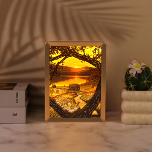 Lampada 3D con intaglio di carta, tram in scatola d'ombra con paesaggio al tramonto nella foresta autunnale, luce notturna a LED, decorazione artistica da scrivania con porta Type-C, regalo - Product Image 2