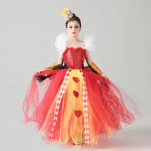 BAIGE 2023 Girl Queen of Hearts Costume Wonderland Fairy Tale Fancy Dress Sparkly Halloween Villain Clothes Kids Evil Red Queen