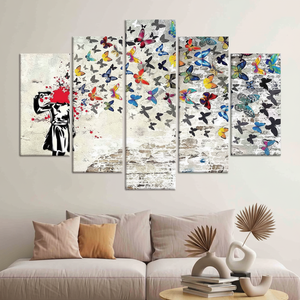 Arte Impreso en Lienzo de Banksy, Niña con Mariposas - Decoración de Pared Estilo Vitral, Juego de 5 Lienzos Variados - Product Image 3