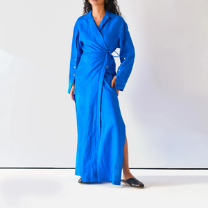 Abito Lungo da Donna con Scollo a V Personalizzato in <span class=keywords><strong>Misto</strong></span> <span class=keywords><strong>Lino</strong></span> e Cotone, Maniche Lunghe e Spacco Laterale, Stile Camicia Avvolgente - Vendita all'Ingrosso - Product Image 2