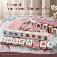 Ensemble de tuiles de mahjong florales de luxe en quartz rose avec dos en marbre, 3 couches d'acrylique gravé, cadeau de divertissement pour femmes et famille, personnalisable OEM