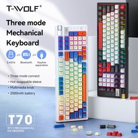 T-WOLF T70 Keyboard Gaming Mekanik Tiga Mode Baru dengan Tombol Putar Nirkabel USB RGB Kustom yang Dapat Ditukar, Ukuran Penuh Terpisah