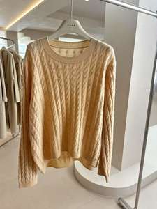 ODM 12GG Women's Casual Style Beige Breathable Round Neck <b>Cable</b> <b>Knitted</b> <b>Sweater</b> with Front Logo Position - Product Image 2