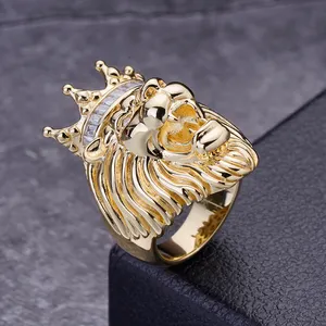 Individuelles Über Real 925 Silber 10K Gelbgold geschaffen Diamant texturiert brüllen Baguette Krone Löwen Gesicht Ring