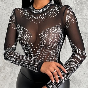 Women's <b>Sequin</b> Slim Fit <b>Tops</b> Long Sleeve Bodycon Mesh <b>Top</b> Fashion - Product Image 1
