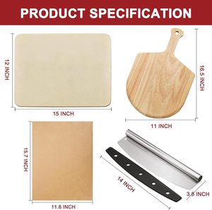 Factory Price Eco-Friendly 4pcs Pizza Tools Set with Stainless Steel Cordierite Pizza Stone & Wooden Peel for Oven and Grill - Product Image 2