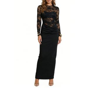 Vestido Maxi <span class=keywords><strong>de</strong></span> Encaje con Mangas Largas y Fruncido para Mujer - Vestido <span class=keywords><strong>de</strong></span> Noche con Recortes <span class=keywords><strong>de</strong></span> Encaje Floral Transparente Sehe Fashion - Product Image 1
