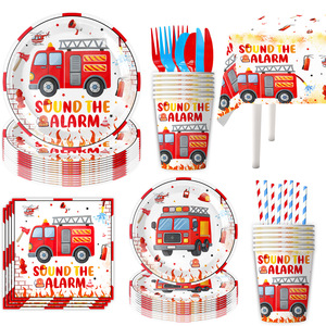 DAMAI Firefighter Birthday Party Decorations Firetruck Birthday Tableware Set Include Plates Napkins <b>Cups</b> for Fireman Party - Product Image 2