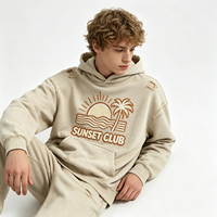 Sweat-shirt à capuche unisexe beige délavé effet vieilli style streetwear SUNSET CLUB pour homme, coupe ample