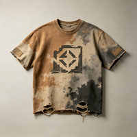 T-shirt épais délavé à l'acide, effet usé, tie-dye, logo géométrique Kornit DTG, effet pulvérisé, style vintage streetwear