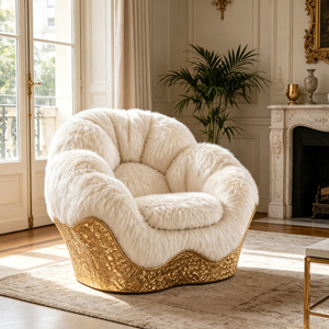 <span class=keywords><strong>Fauteuil</strong></span> lounge individuel de luxe en <span class=keywords><strong>fourrure</strong></span> <span class=keywords><strong>blanche</strong></span> moelleuse, base en fibre de verre texturée dorée, <span class=keywords><strong>fauteuil</strong></span> d'appoint en forme de nuage pour salon - Product Image 1