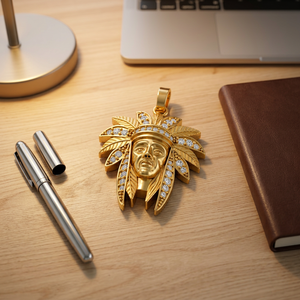 Pendentif unisexe en or jaune avec diamant, motif visage tribal et plume, style luxueux, à porter au quotidien, en or 14 carats certifié - Product Image 1