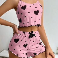 Conjunto de pijama de verano para mujer, 2 piezas, suave, informal, con estampado de corazones, camiseta sin mangas y pantalones cortos, lencería, ropa de dormir.