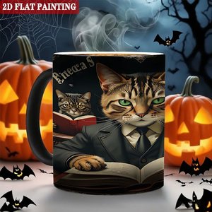 Mug en céramique noir givré 11 oz, tasse à changement de couleur thermique, motif chat lisant, peinture 2D plate - Product Image 6